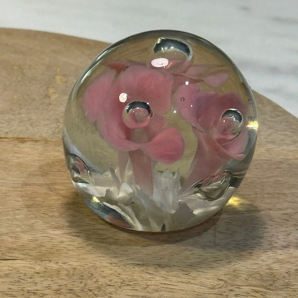 Art Glass Hand Blown Paperweight Pink Floral.